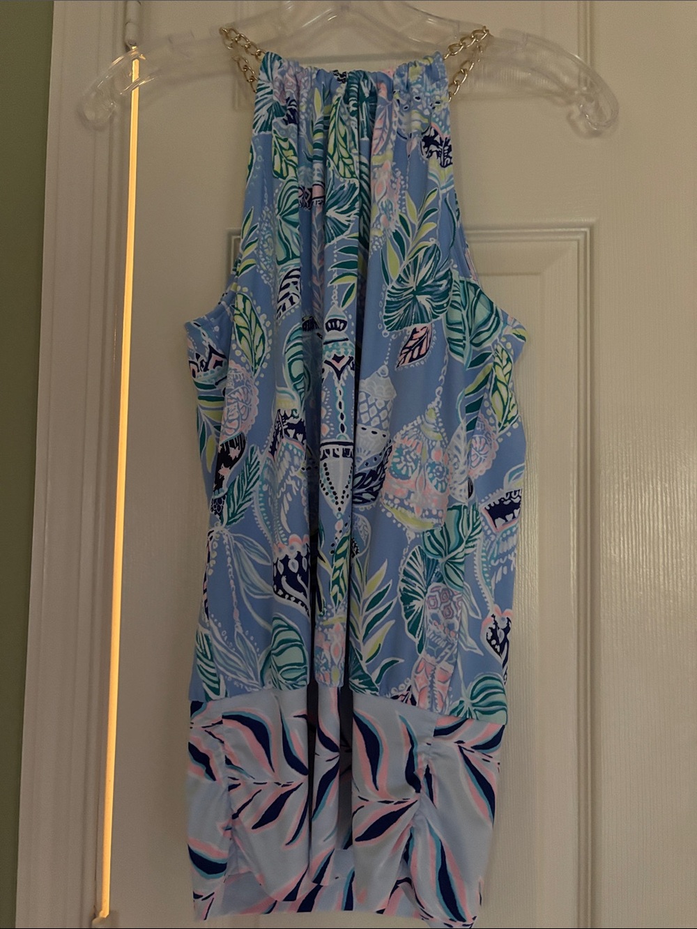 Lilly Pulitzer Blue Multi Tropical Print chain halter top. XS